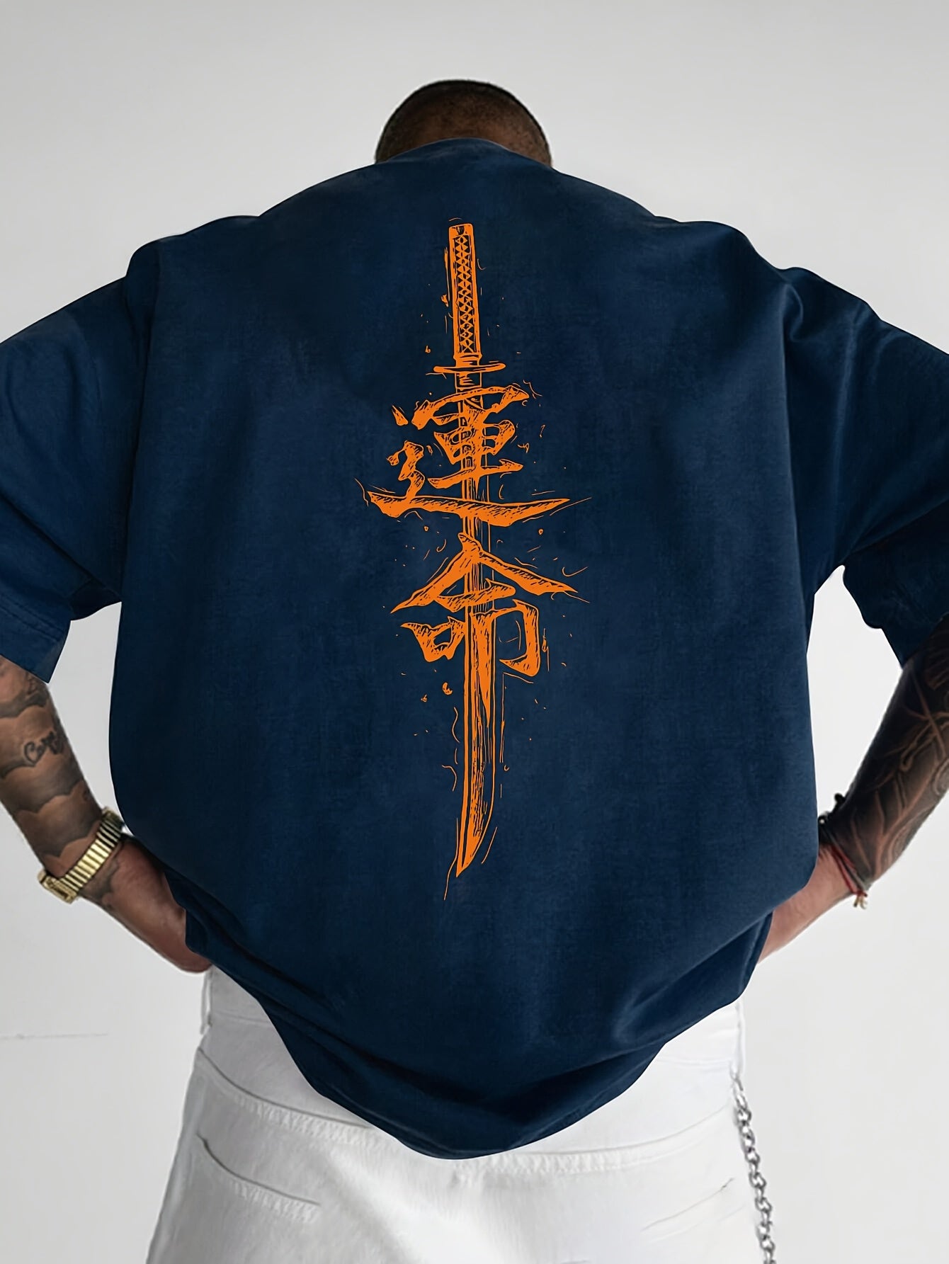 Men'S Japanese Samurai Sword Graphic T-Shirt - Casual Loose Fit Crew Neck, Short Sleeve Tee with Red Stylized Japanese Katanas Design, Breathable Polyester for Spring  Summer Outdoor Wear