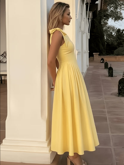 Elegant Women's Retro Fit and Flare Midi Dress with Bow Straps