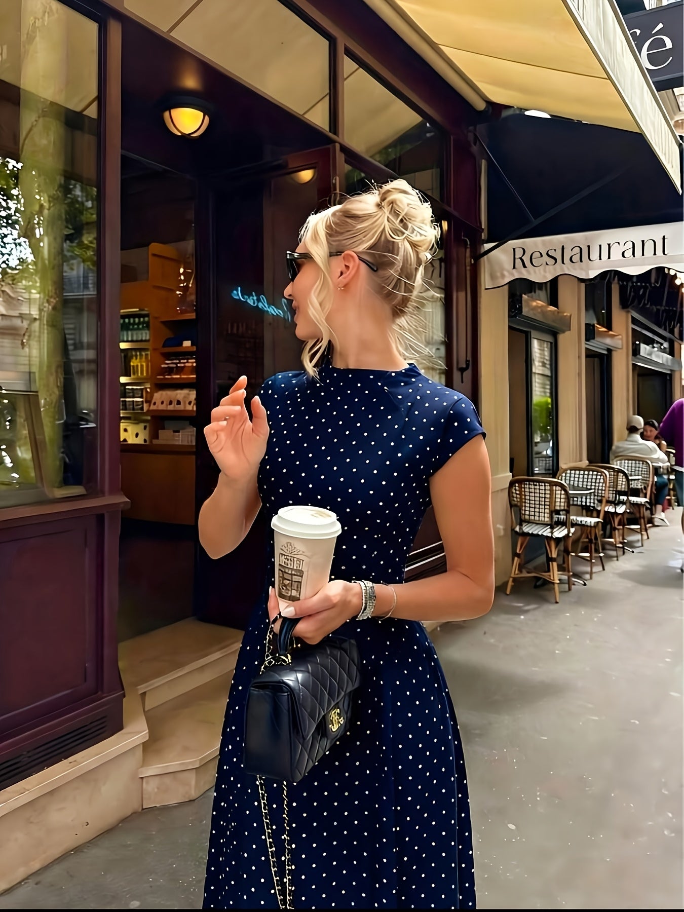 Women's Elegant Polka Dot Maxi Dress with Waist Cinch