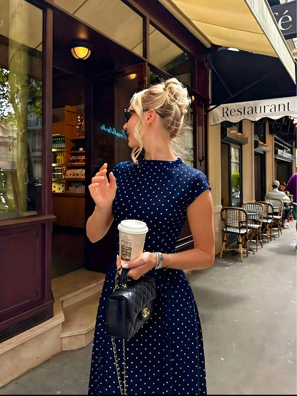 Women's Elegant Polka Dot Maxi Dress with Waist Cinch