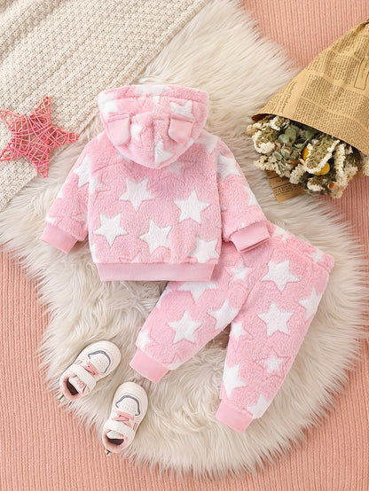 Newborn Cute Baby Girl Autumn and Winter Season, Thickened Plush Newborn Cartoon Star Pattern Hooded Zipper Long Sleeve Warm Top + Star Pattern Plush Warm Pants Set. Essential for Outdoor Travel and Home Use, Recommended Gift