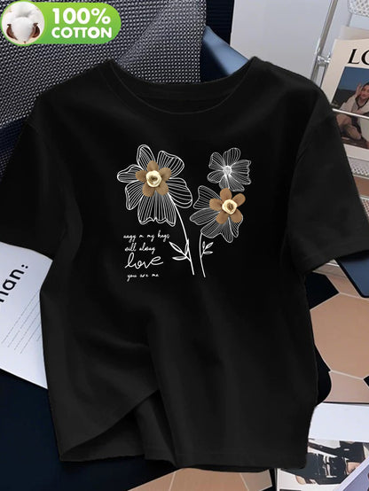 Women's 100% Cotton Casual Crew Neck T-Shirt with Floral Print