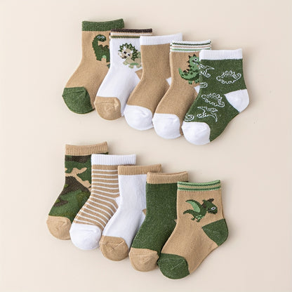 10 Pairs of Cute Baby Socks with Dinosaur Designs - Perfect for Little Boys - Machine Washable - Made of Polyester And Elastane - Suitable for Ages 0-12 - Seasonal - Socks - Knit Fabric