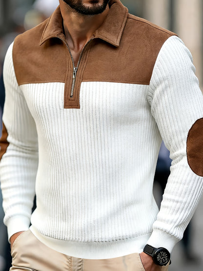 Men's Autumn Winter Color Block Pullover Sweater with Lapel - ayq
