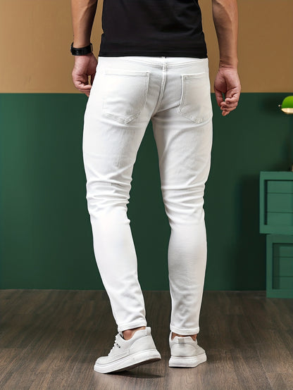 Slim Fit Chic Jeans, Men's Casual Street Style All Match Stretch Denim Pants With Pockets