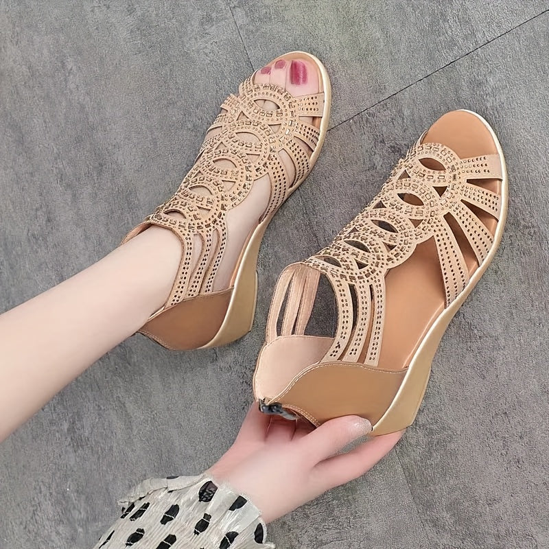 Women'S Fashionable Black Roman Sandals - Summer 2025 Collection, Soft Sole, Open Toe, Mid-Heel, Zip Closure, Synthetic Cover, Wedge Heel, Ladies Sandals