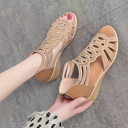 Women'S Fashionable Black Roman Sandals - Summer 2025 Collection, Soft Sole, Open Toe, Mid-Heel, Zip Closure, Synthetic Cover, Wedge Heel, Ladies Sandals