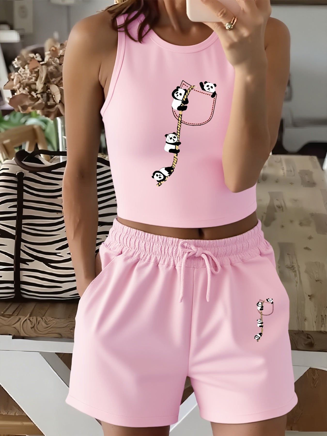 Women's Casual Two-Piece Set with English Print and Wide Leg Pants