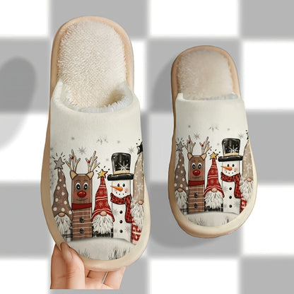 Christmas Snowman Reindeer Gnome Plush Lined Home Slippers, Soft and Beige-Friendly, Couples' Cozy Holiday Atmosphere with Christmas Elements, Holiday Slippers, Festive Pattern, Soft Fabric, Comfortable Cushioning, Couple Sli