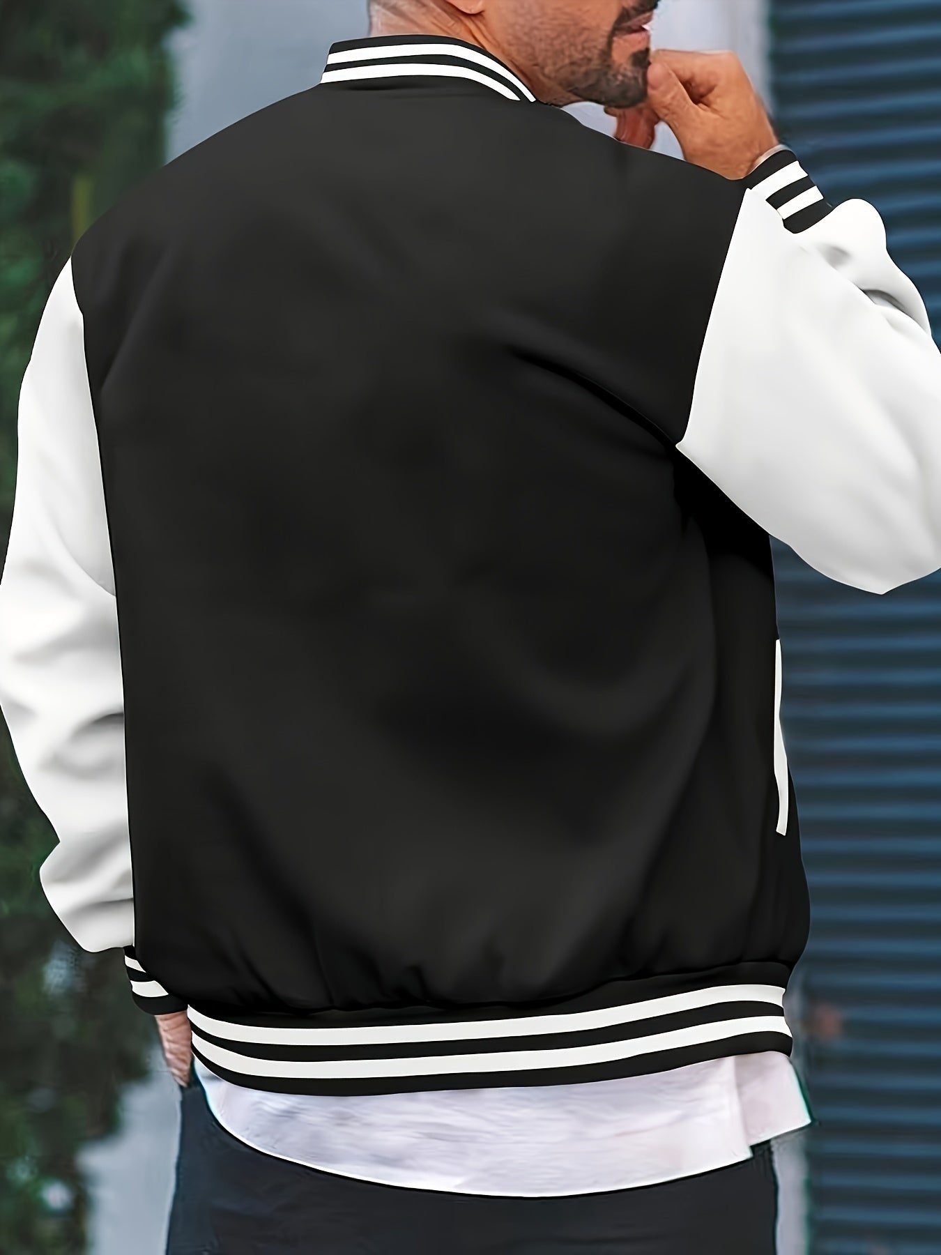 [Bold Design] Men's Stylish Black & White Varsity Jacket - Casual Baseball Coat with Pockets, Button-Up Front, Long Sleeve, Polyester Blend, Perfect for Fall & Winter, Casual Sportswear | Casual Fashion Jacket | Cotton Comfor