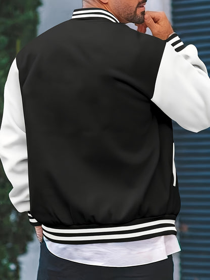 [Bold Design] Men's Stylish Black & White Varsity Jacket - Casual Baseball Coat with Pockets, Button-Up Front, Long Sleeve, Polyester Blend, Perfect for Fall & Winter, Casual Sportswear | Casual Fashion Jacket | Cotton Comfor