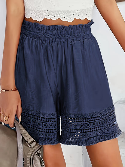 Solid Tassel Hem Loose Shorts, Vacation Paper Bag Waist Summer Shorts, Women's Clothing