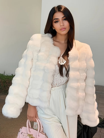 Women'S Elegant Faux Fur Jacket - Long Sleeve, Solid Color, Zip-Up with Pockets, Perfect for Fall/Winter, Cozy & Stylish Outerwear, Cozy Fall Jacket | Zipup Jacket | Structured Design