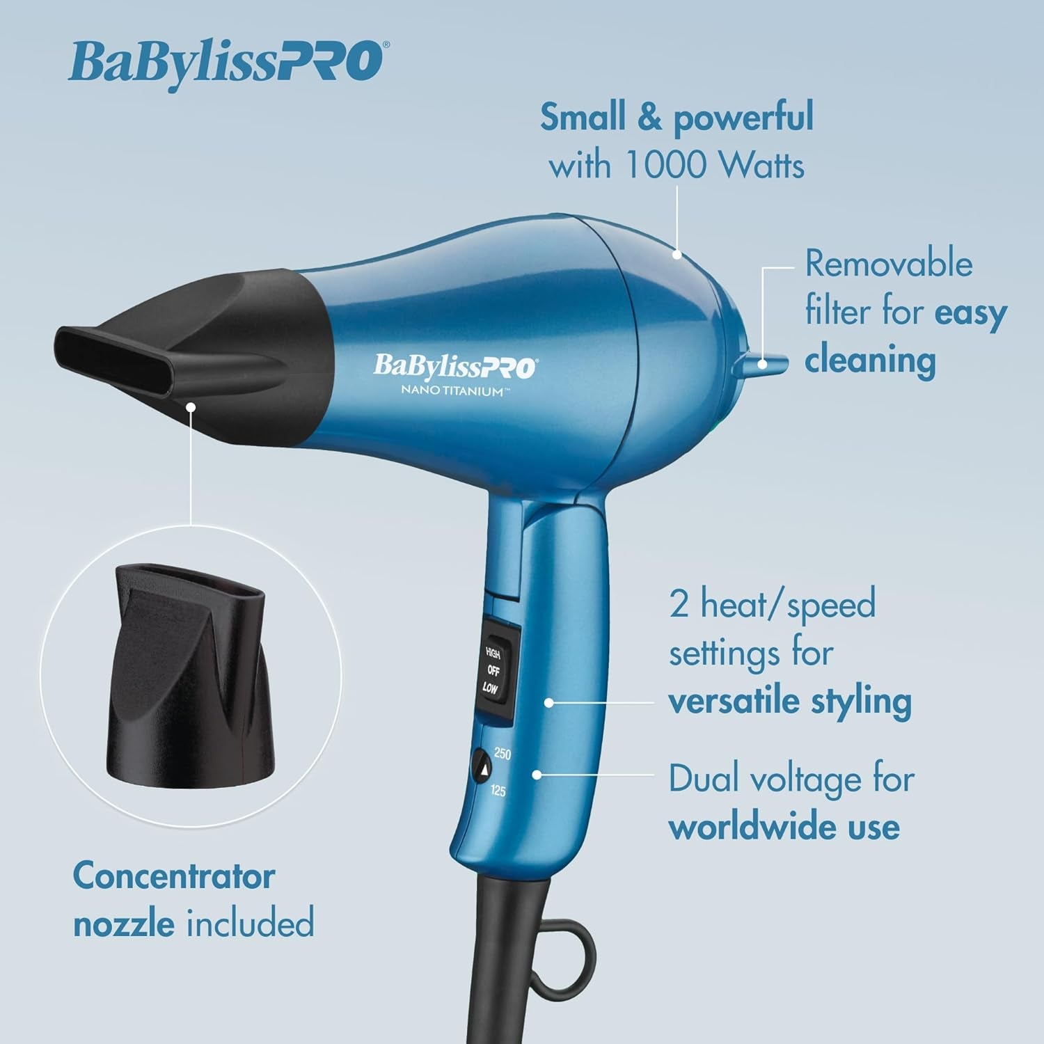 Babylisspro Nano Titanium Travel Dryer, Blue