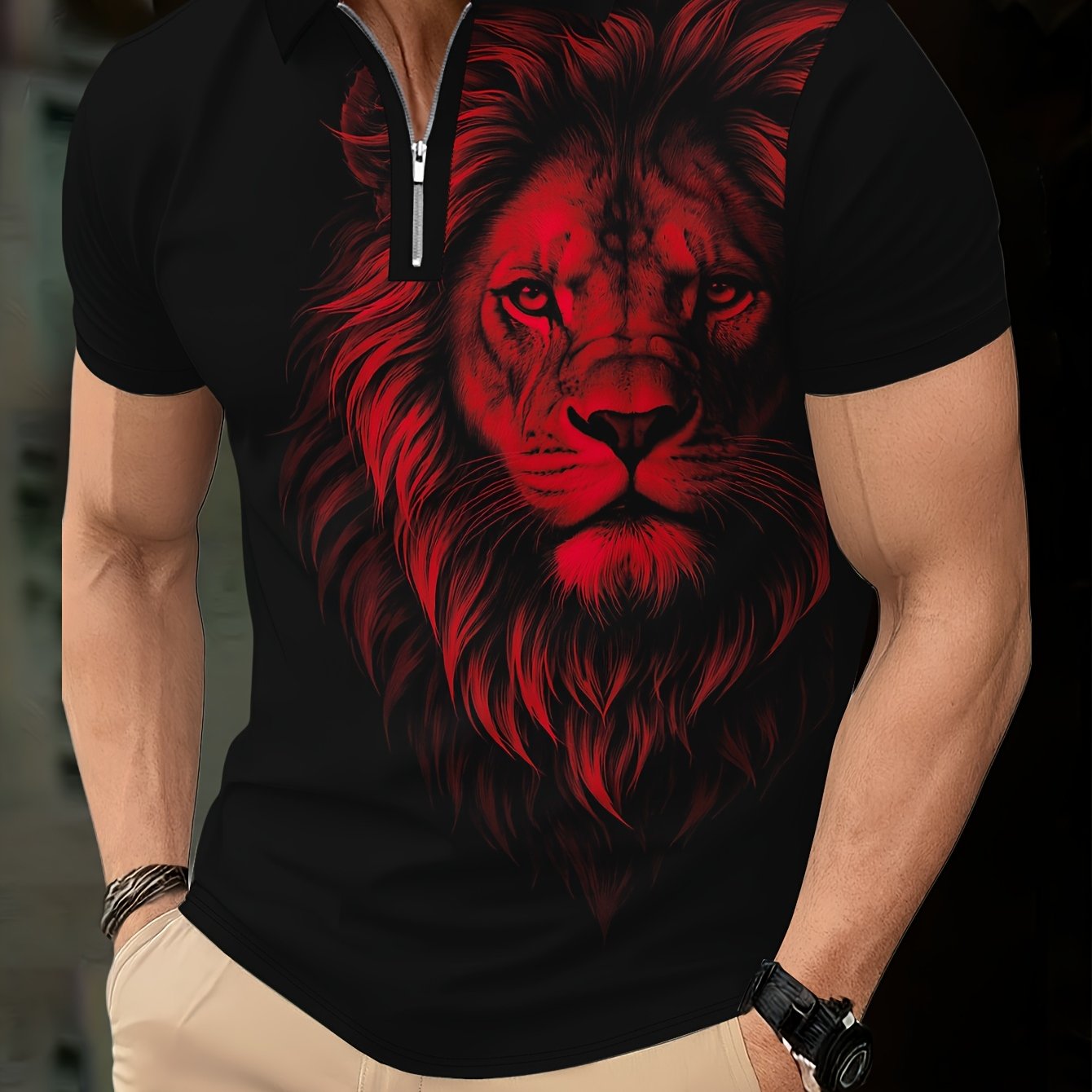 Men's Zip Shirt Short Sleeve Summer Trendy Lion Print Collar T-Shirt Business Casual Slim Fit Men's Top Women's Clothing - ayq