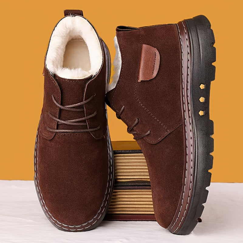 Տղամարդկանց ձեռքով կարված ձմեռային ձնագնացքներ - Կոշիկներ առանց կապիչի, ֆլիսով երեսպատված, տաք, չսահող ռետինե ներբանով, հաստացված մեկուսացումով, սև, ամենօրյա հարմարավետ կոշիկներ ցուրտ եղանակի համար, ամուր և դիմացկուն ներբանով: