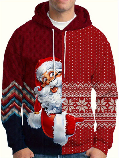 Plus Size Men's Funny Christmas Hoodie- Festive Santa Claus& Snowflake Print, Red& White Holiday Sweatshirt with Pockets, Casual Long Sleeve Pullover for Fall& Winter, Perfect Christmas Gift, Christmas Clothes, PLUS SIZE
