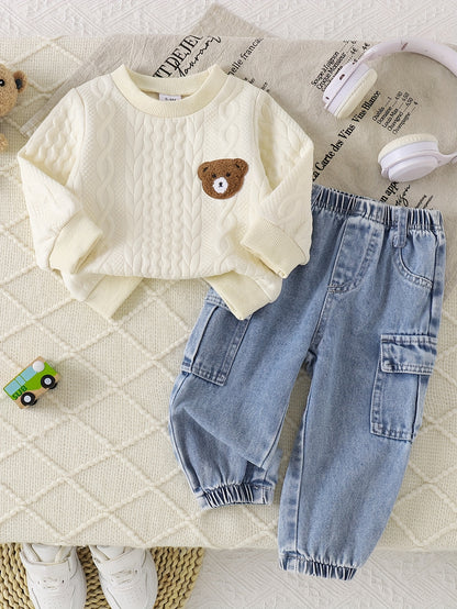 Cute Baby Boy Fall Set: Bear Sweatshirt & Denim Jogger Pants