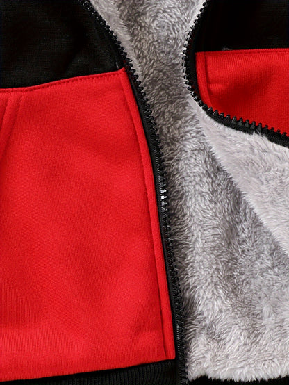1pc Boys Stylish Color Block Fleece Lining Hooded Jacket, Long Sleeve Zip Up Jacket, Kids Clothes Outdoor