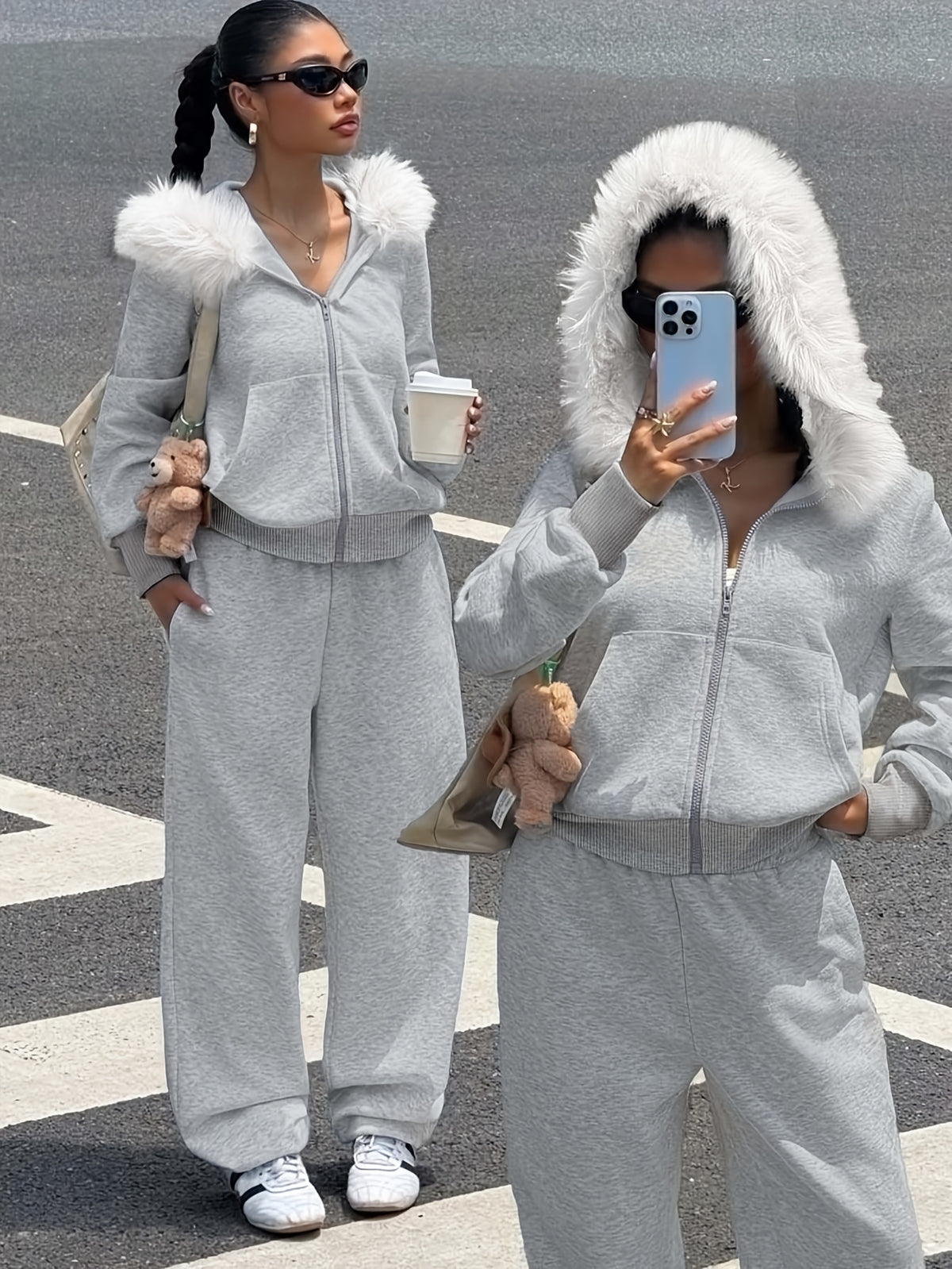 Women's Casual Polyester Hoodie & Wide-Leg Pants Set - ayq