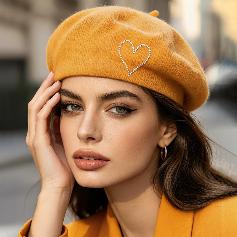 Women's Wool Beret Hat with Rhinestone Heart - Lightweight Warm