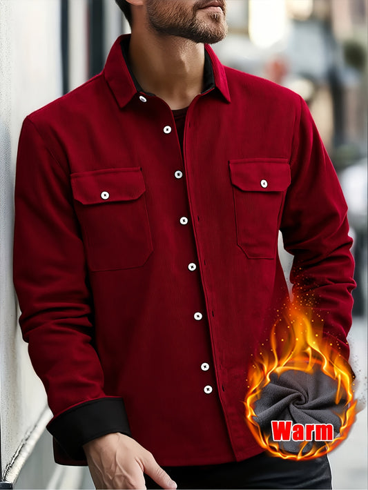 Men'S American Retro Velvet and Thickened Corduroy Shirt | Trendy Work Style Long-Sleeved Jacket, Maillard Color, Fall/Winter Sports Warm, Single Breasted, Regular Fit, Elegant Style, New Year Gift Essential