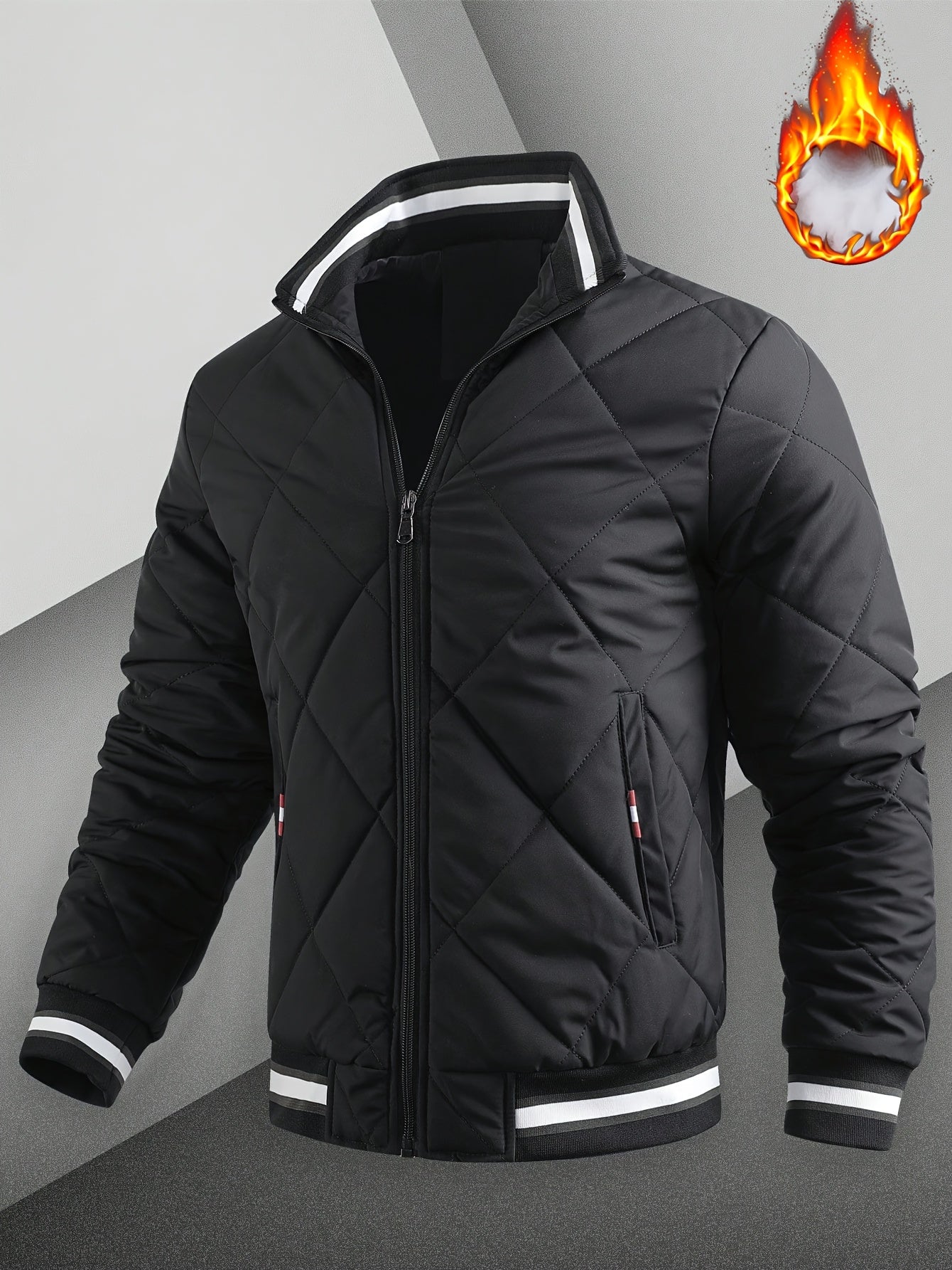 Men's Casual Quilted Polyester Jacket with Stand Collar