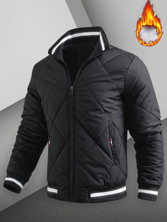 Men's Casual Quilted Polyester Jacket with Stand Collar