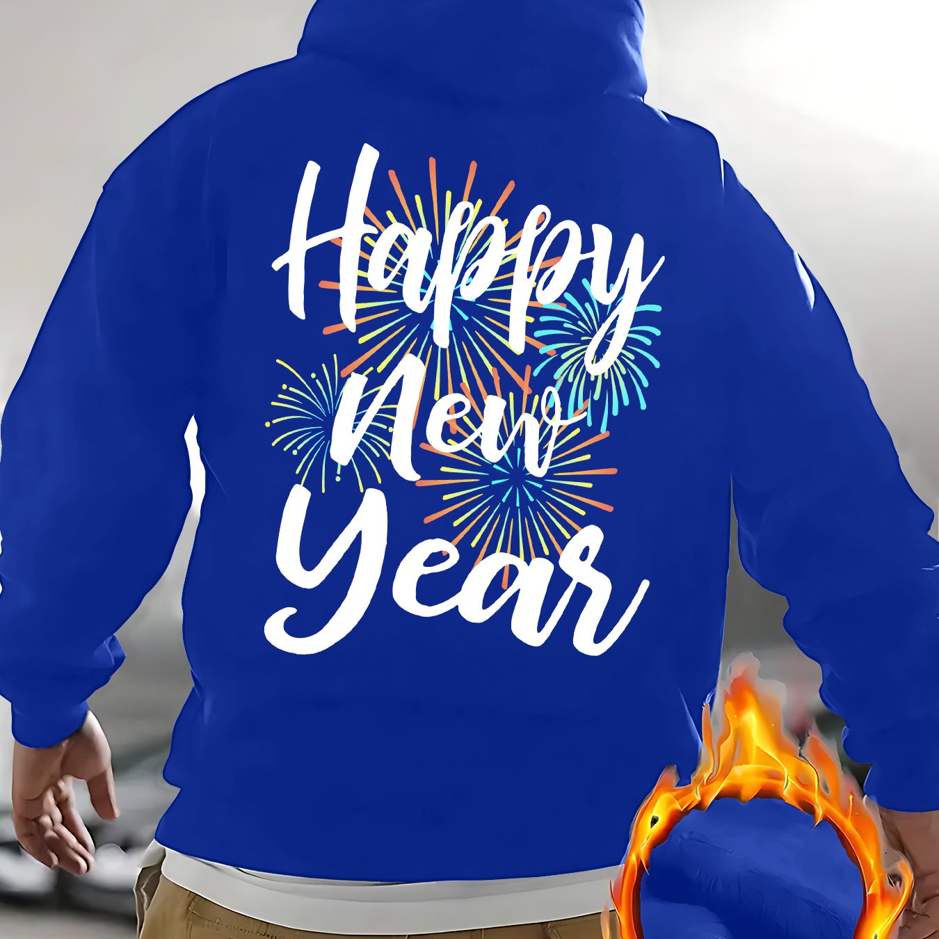 Men's New Year's Eve Fireworks Print Hooded Sweatshirt - Happy New Year Back Design with Adjustable Drawstring Hood, Loose Fit Streetwear Pullover, Warm Winter Casual Sweater for Parties & Casual Attire (Machine Washable), Re