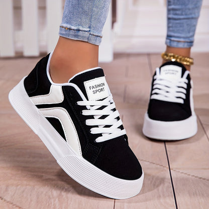 Preppy Style Women's Low Top Fashion Sneakers - Solid Color Casual Skate Shoes with Thick Sole, Breathable Streetwear, Non-Slip Lace-Up Sports Shoes with Fabric Interior & EVA Outsole