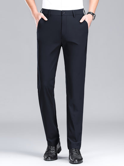 Men'S Navy Blue Straight Leg Dress Pants - Casual Style, Polyester Fabric with Slight Stretch, Mid Waist, Button Closure, No Belt, Regular Fit, Outdoor & Office Wear, Office Attire|Straight Leg Pants|Polyester Fabric