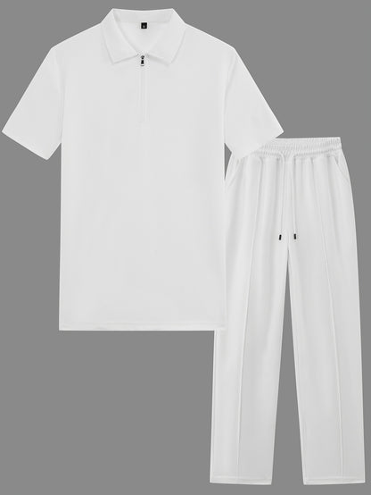 Men's 2pcs Waffle Knit Casual Outfit: Zip-Up Short Sleeve Collared Shirt & Drawstring Pants - Black, Polyester Blend, Ideal for Casual Attire in Spring/Summer