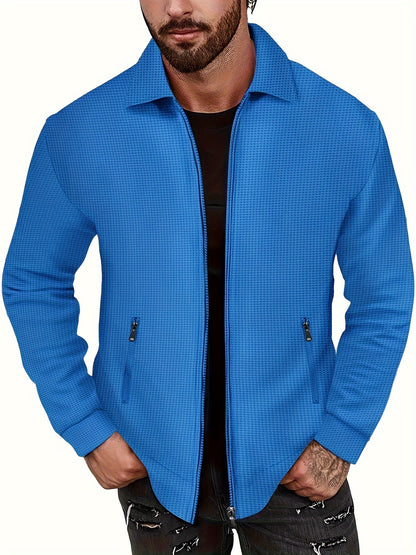 1pc Men'S Casual Polyester Zip-Up Jacket with Lapel Collar, Solid Color, Slight Stretch, Woven Fabric, Regular Fit, No Lining - Spring/Fall Outerwear