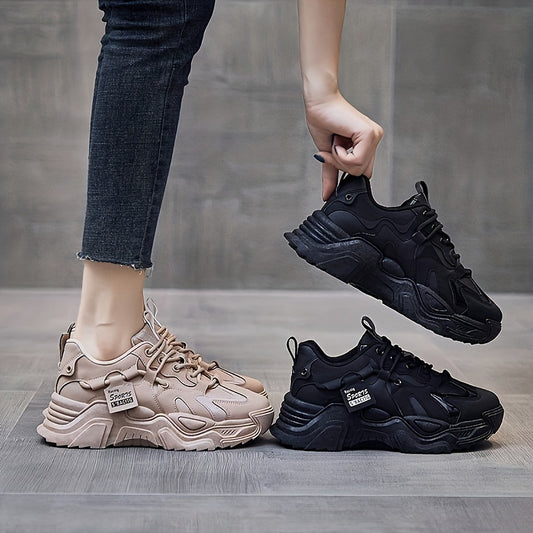 Women's Fashion Chunky Sneakers, All-Season Lightweight Lace-Up Sports Shoes with Breathable Mesh, Solid Color Low Top Casual Dad Shoes, PU Upper, Fabric Inner & EVA Sole