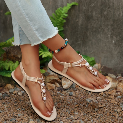 Elegant Summer Women's Flat Sandals with Rhinestone Embellishments and Strappy Back, Split Toe Design, Rubber Sole – Non-Washable, Man Made Materials – Taizhou-Origin