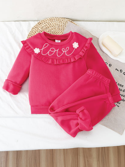 2pcs Soft Comfortable Girls' Outfit, New Year Christmas Valentine'S Day Set with Solid Color Long Sleeve Top + Elastic Waist Pants, LOVE Letter Embroidery Pattern, for Outdoor, Party, Birthday, Casual Wear, Party Attire, Eleg