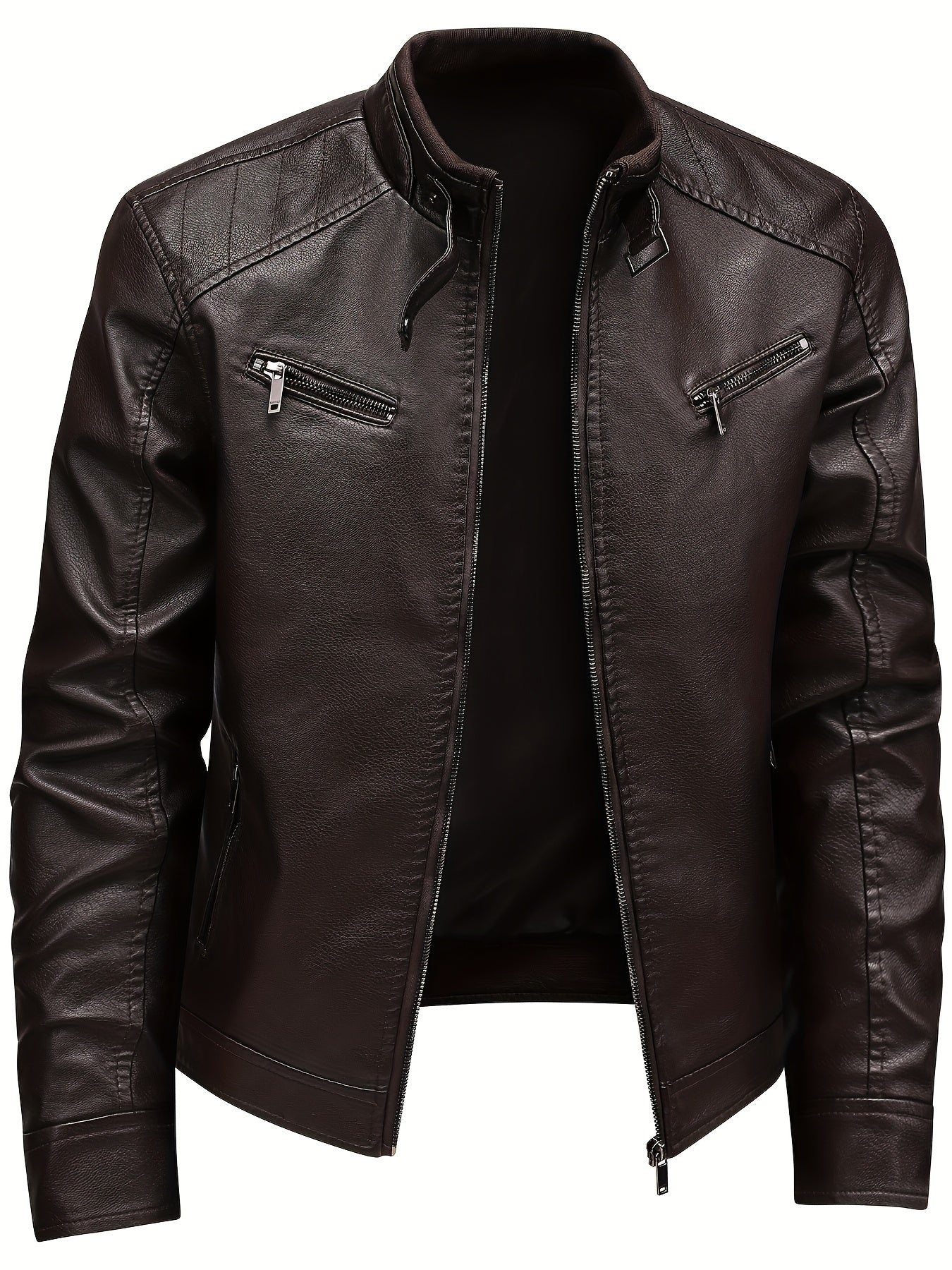 Men's Stylish Burgundy Jacket - Fall/Winter Trendy Stand Collar Biker Jacket with Multiple Zippered Pockets, Casual Design for Casual Attire, Fall Jacket | Modern Casual Jacket | Glossy Finish Jacket - ayq