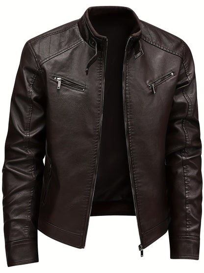 Men's Stylish Burgundy Jacket - Fall/Winter Trendy Stand Collar Biker Jacket with Multiple Zippered Pockets, Casual Design for Casual Attire, Fall Jacket | Modern Casual Jacket | Glossy Finish Jacket - ayq