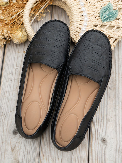 Women's Retro Perforated Flat Shoes, Comfy Breathable Round Toe Slip On Shoes, Casual Outdoor Loafers