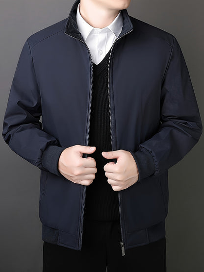 Men's Fleece-Lined Zip-Up Jacket - Casual Stand Collar, Outdoor Sports Coat with Pockets, Machine Washable