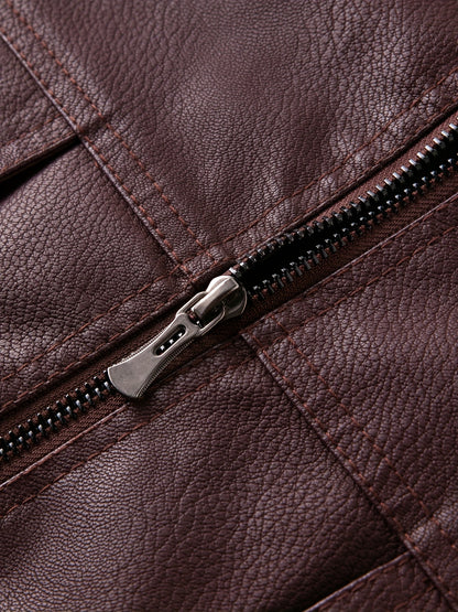 Men'S Faux Leather Bomber Jacket with Fleece Lining - Casual Motorcycle Style, Zip-Up, Long Sleeve, Drop Shoulder, Polyester Lining, Regular Fit, Outdoor & Hiking Wear, Outdoor Jacket | Bomber Jacket | Polyester Lined Jacket