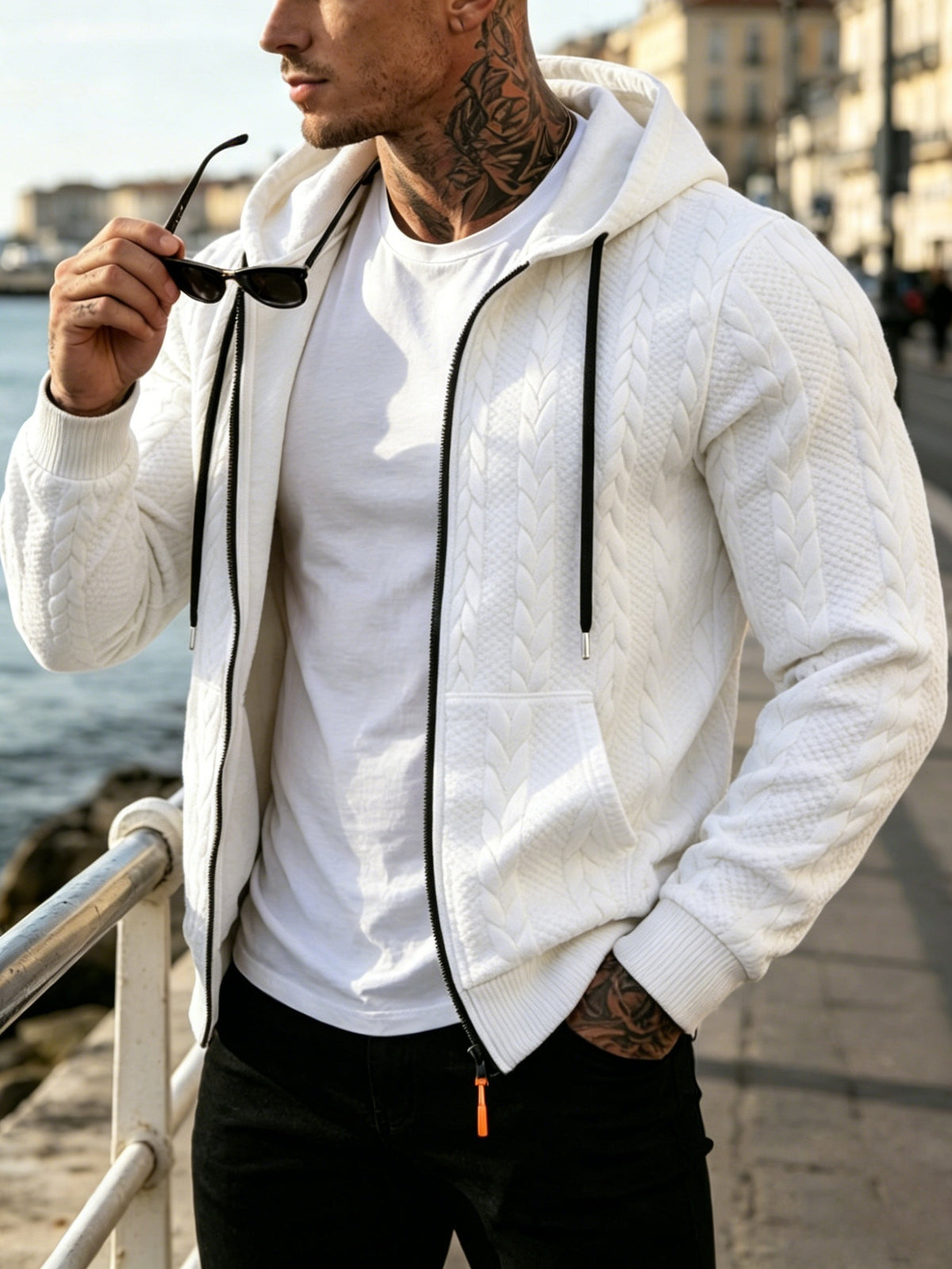 Men's Cable Knit Hooded Jacket Casual Fall Winter Outerwear