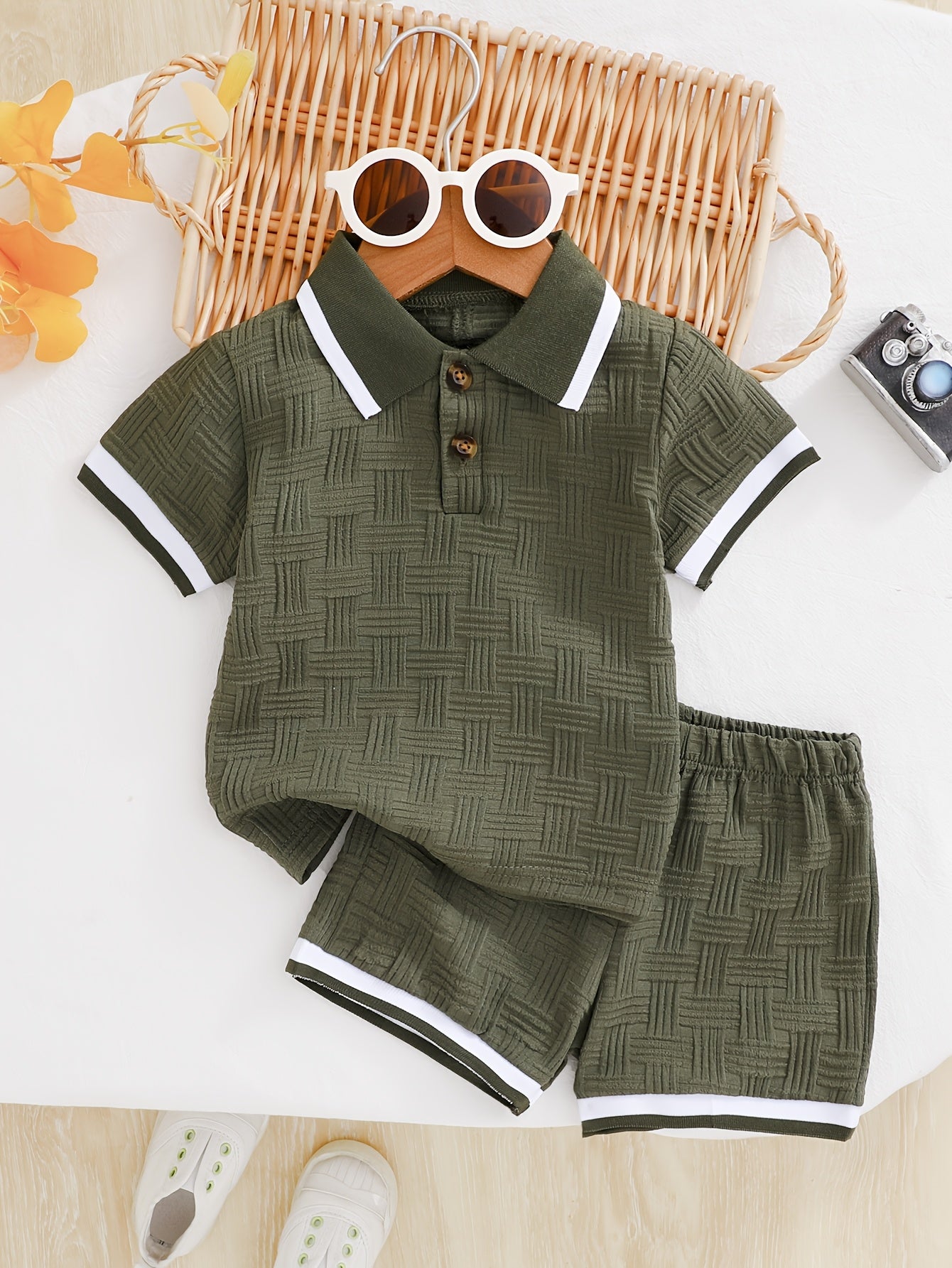Boys' Summer Polo Shirt & Shorts Set in Jacquard Fabric