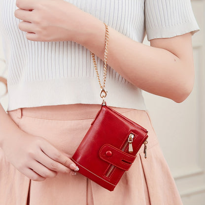 MIYIN Women'S & Men'S Red Bifold Wallet with Anti-Theft Chain Lock, Golden-Tone Hardware & Removable ID Window - Multi-Compartment Organizer with Card Slots