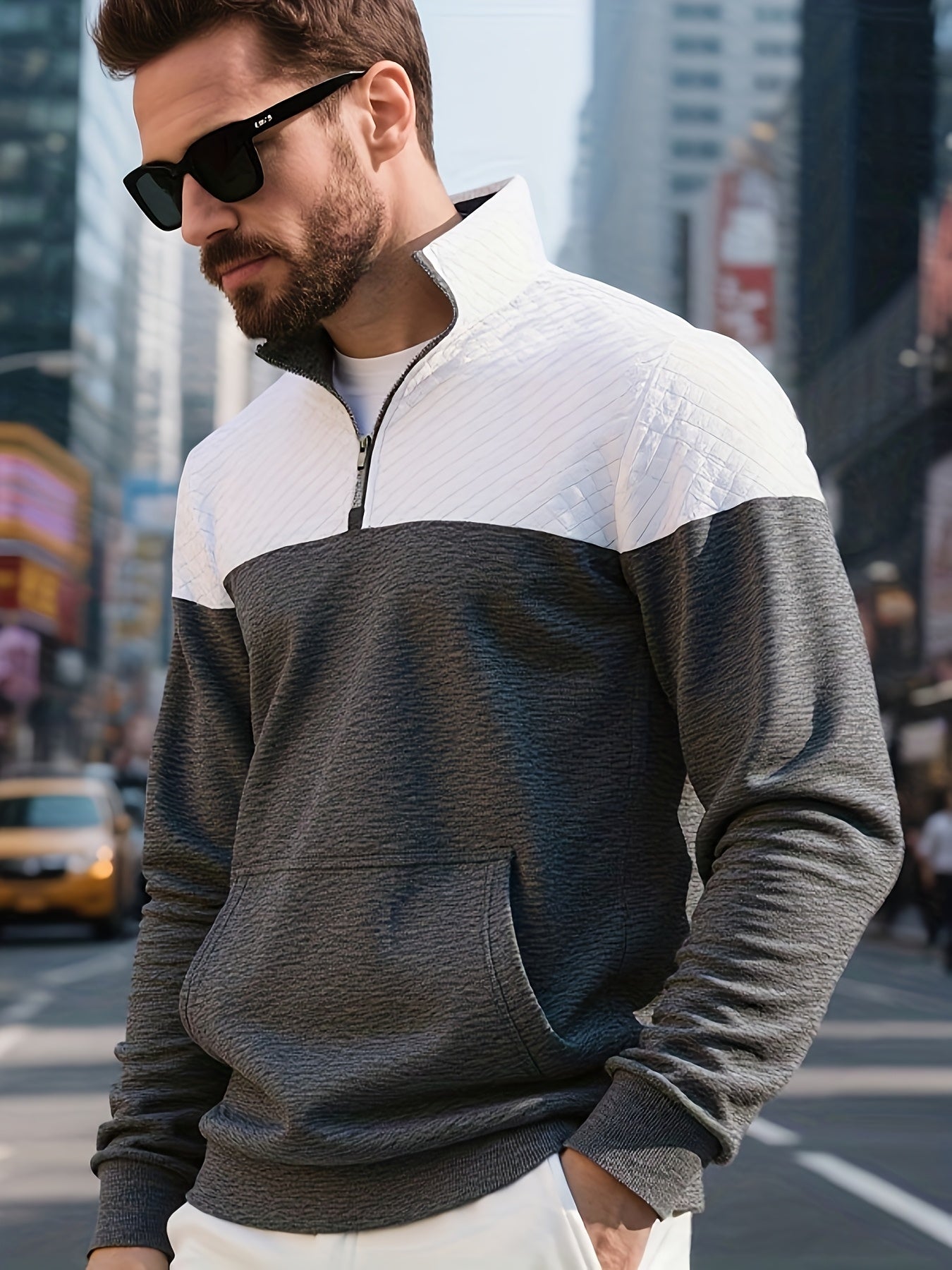 Men's Casual Half-Zip Color Block Sweatshirt with Kangaroo Pocket - ayq