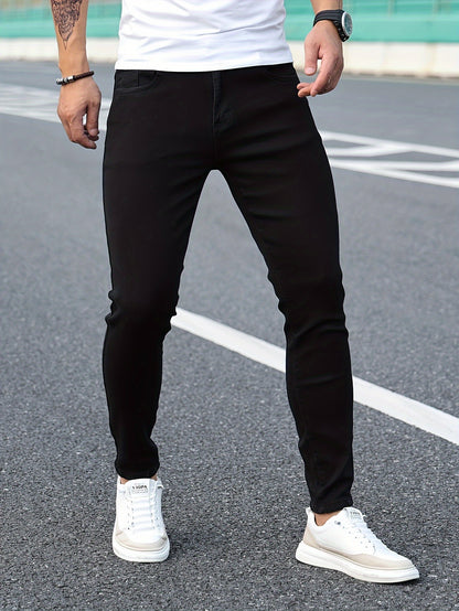Slim Fit Chic Jeans, Men's Casual Street Style All Match Stretch Denim Pants With Pockets