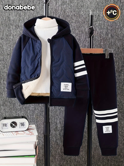 DONABEBE Boys' 2pcs Winter Hooded Jacket & Pants Set - Navy Blue/White Striped Full-Zip Thick Warm Outfit, Casual Playwear & Everyday Outfits for Boys, Easy Care, Perfect for Outdoor, Winter Jacket And Pants For Boys, Winter