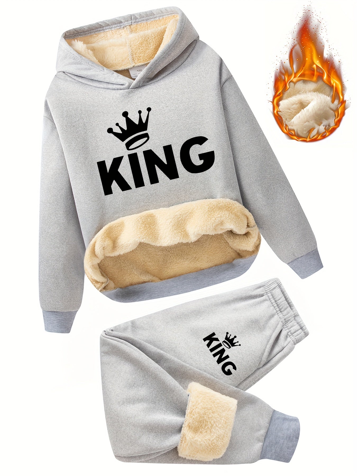 2pcs Boys' Fleece-Lined Thickened Warm Hoodie + Pants Set, Stylish Letter Print Winter Comfortable Sportswear Outfit for Kids Casual Leisurewear, Perfect for, Blanket Hoodie Kids