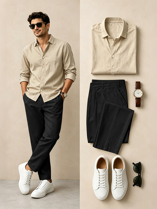 Men's Casual Linen Lapel Shirt & Buckle Pants Set for Spring/Fall