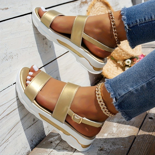 Women'S Summer Casual Open-Toe Platform Sandals with Buckle Closure, Solid Color PU Upper/Inner/Insole, TPR Sole, Ankle Strap Wedge Heels, Comfortable and Stylish for Casual Attire, Summer Footwear | Chic Wedge Heels | Wedge